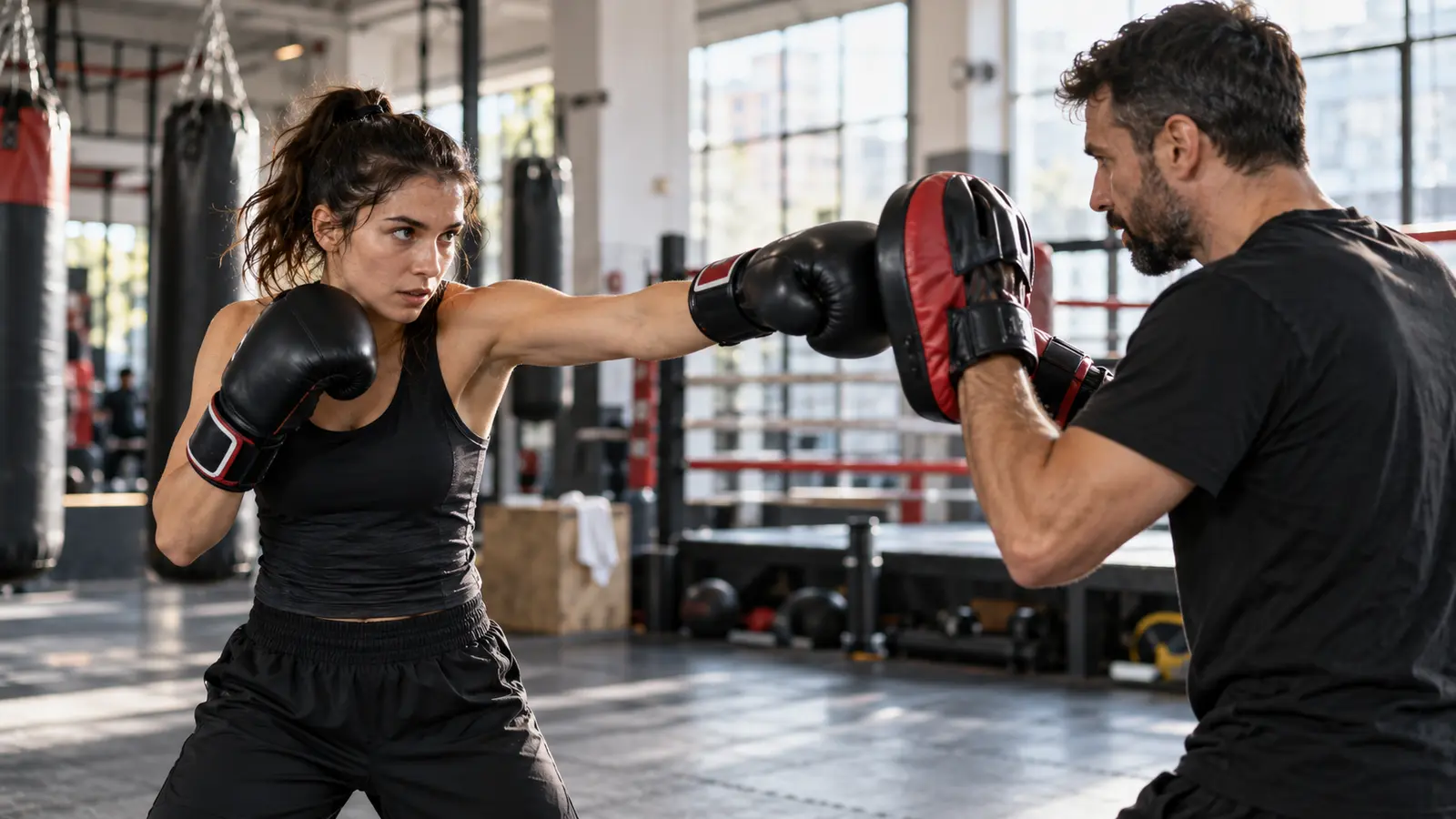 Donna durante un allenamento tecnico di boxe con un istruttore nella palestra Pugilato Bovisa a Milano